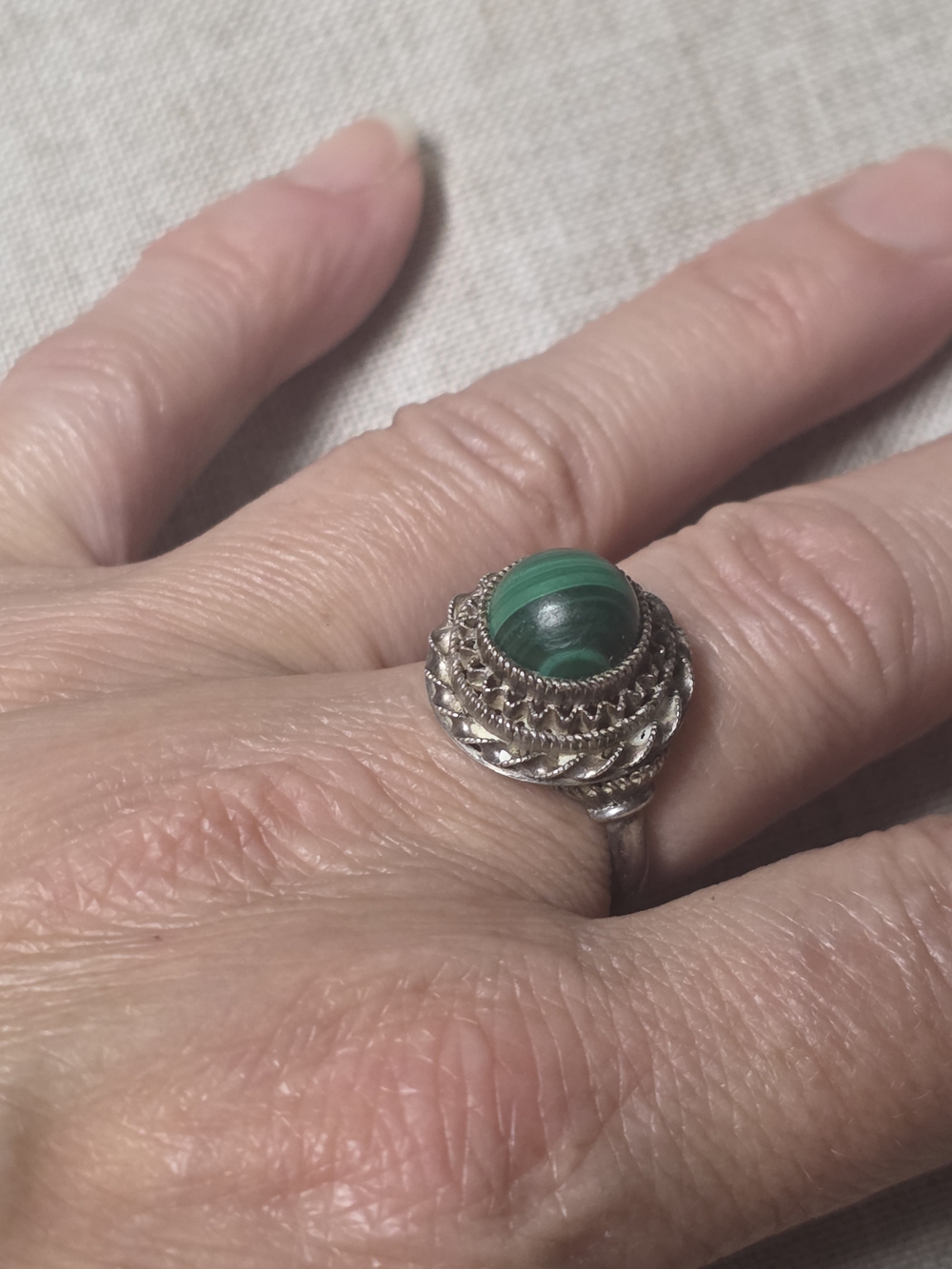 Sovet Era Vintage Silver Malachite Ring Size 7 Handcrafted